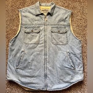 UNIONBAY Denim Sherpa Lined Vest Full Zip Men’s XL 4-Pockets Worn Distressed